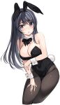  1girl :o animal_ears bare_arms bare_shoulders black_hair black_leotard blue_eyes bow bowtie breasts bunny_ears bunny_tail cleavage covered_navel cropped_legs detached_collar fake_animal_ears fake_tail grey_legwear groin hair_ornament hairband hairclip large_breasts leotard long_hair looking_at_viewer no_bra oryou pantyhose parted_lips playboy_bunny sakurajima_mai seishun_buta_yarou simple_background solo strapless strapless_leotard tail white_background wrist_cuffs 