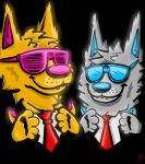  alister_(art) anthro black_background blue_eyewear blue_glasses blue_nose blue_pawpads claws clothed clothing duo ear_tuft ears_up eyewear facial_tuft fur gesture glasses glowing gold_body grey_body grey_fur grin head_tuft hi_res inner_ear_fluff male metallic neck_tuft necktie pawpads pink_eyewear pink_glasses pink_nose pink_pawpads red_necktie short_snout signature silver_body simple_background smile snout suit taidum teeth teeth_showing thumbs_up tuft whisker_spots yellow_body yellow_fur 