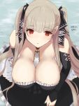  1girl 2021 azur_lane bare_shoulders between_breasts black_nails breasts cleavage dress ear_piercing eyebrows_visible_through_hair formidable_(azur_lane) frilled_dress frills from_above gothic_lolita hair_ribbon highres large_breasts lolita_fashion long_hair looking_at_viewer looking_up neckwear_between_breasts oyasu pantyhose piercing platinum_blonde_hair red_eyes ribbon solo twintails two-tone_dress two-tone_ribbon very_long_hair white_neckwear 