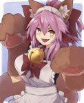  1girl :d animal_ear_fluff animal_ears apron bangs bell bell_collar black_dress blush bow breasts brown_gloves claw_pose collar dress fang fate/grand_order fate_(series) fox_ears gloves hair_between_eyes hair_bow hands_up highres jingle_bell looking_at_viewer maid open_mouth paw_gloves paws pink_hair red_bow red_collar short_sleeves skin_fang smile solo tamamo_(fate)_(all) tamamo_cat_(fate) upper_body white_apron yellow_eyes yonaga 