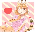  1girl alternate_costume animal_ears apron bare_shoulders blush bow collarbone commentary_request earrings elbow_gloves extra_ears eyebrows_visible_through_hair finger_to_mouth gloves hair_bow heart heart_apron heart_earrings heart_eyes highres jewelry kemono_friends one_eye_closed pink_apron pink_bow print_gloves serval_(kemono_friends) serval_ears serval_girl serval_print serval_tail solo suicchonsuisui tail tail_bow tail_ornament thighhighs yellow_eyes 