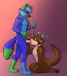  abstract_background absurd_res anthro blue_body blue_fur brown_body brown_fur canid canine collar doguava_(artist) domination duo fellatio fox fur genitals green_body green_fur hi_res holding_leash holding_object holding_penis hypnosis kneeling leash licking licking_lips lutrine male male/male mammal mind_control mustelid oral pawpads penile penis pink_collar pink_leash sex smile spiral_eyes tongue tongue_out 