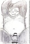  2020 anal anal_penetration anthro balls belly blush eyes_closed genitals giant_panda hi_res humanoid_genitalia humanoid_hands humanoid_penis kemono koh_say_ello male male/male mammal moobs navel nipples penetration penis sketch small_penis solo_focus traditional_media_(artwork) ursid 