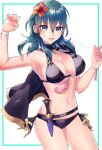  1girl armpits bikini blue_eyes blue_hair breasts byleth_(fire_emblem) byleth_(fire_emblem)_(female) commentary_request cowboy_shot dagger eyebrows_visible_through_hair eyes_visible_through_hair fire_emblem fire_emblem:_three_houses flower hair_between_eyes hair_flower hair_ornament highres large_breasts looking_at_viewer mano_(m1n0f2e1) medium_hair navel open_mouth sheath sheathed simple_background solo swimsuit teeth tongue weapon white_background 
