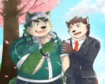  2021 5:4 anthro belly black_nose bottomwear brown_body brown_fur canid canine canis cellphone cherry_blossom cherry_tree clothing dog_operator domestic_dog duo fruit_tree fur green_body green_fur headphones headphones_around_neck hi_res kemono live-a-hero male mammal mokdai overweight overweight_male pants phone plant protagonist_(live-a-hero) r3versep4ranoia shirt smartphone topwear tree video_games 