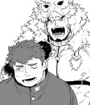  2boys animal_hood bara bare_pecs blush chest_harness collar facial_hair fang fat fat_man gakuran goatee greyscale gullinbursti_(tokyo_houkago_summoners) harness highres hood male_focus master_5_(tokyo_houkago_summoners) monochrome multiple_boys muscular muscular_male nipples pectorals school_uniform short_hair smile tokyo_houkago_summoners upper_body zabaniyan 