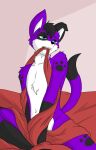  anthro bed bed_sheet bedding belly black_hair blue_eyes blush canid canine canis domestic_dog elkhound floppy_ears fur furniture hair male mammal minila pawalo pawprint_marking purple_body purple_fur solo spitz trapped white_belly 