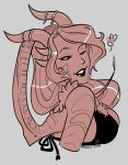  &lt;3 animal_humanoid black_sclera clothed clothing demon demon_humanoid dragon dragon_humanoid female fur_trim_(clothing) hair hi_res horn horn_ornament humanoid jewelry lipstick long_hair makeup miraaj_(crabble) monochrome simple_background solo vectober wings 