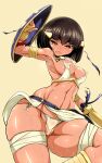  1girl armpits assal_(sennen_sensou_aigis) beige_background brown_hair dark_skin dark_skinned_female fang geroika highres holding holding_shield holding_sword holding_weapon horns looking_at_viewer muscular muscular_female orange_eyes sennen_sensou_aigis shield simple_background solo sweat sword thigh_strap thighs weapon 