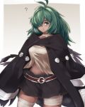  1girl ? bandages black_cape black_skirt cape capelet cloak cloud commentary_request granblue_fantasy green_eyes green_hair hair_over_one_eye highres kolulu_(granblue_fantasy) long_hair looking_to_the_side messy_hair parted_lips simple_background skirt solo standing yonaga 