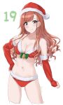  1girl arisugawa_natsuha bare_shoulders bell bikini black_eyes blush breasts christmas cleavage collarbone earrings eyebrows_visible_through_hair gloves hand_on_hip hat highres idolmaster idolmaster_shiny_colors jewelry large_breasts long_hair navel orange_hair red_bikini red_gloves red_headwear santa_bikini santa_costume santa_hat simple_background smile solo suke_(momijigari) swimsuit twitter_username white_background 