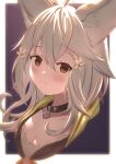  1girl ahoge animal_ear_fluff animal_ears bangs black_collar blush breasts brown_eyes cleavage closed_mouth collar commentary cropped_shoulders erune eyebrows_behind_hair flower granblue_fantasy grey_hair hair_between_eyes hair_flower hair_ornament highres hood hood_down long_hair looking_at_viewer sen_(granblue_fantasy) small_breasts smile solo symbol_commentary uneg upper_body white_flower 