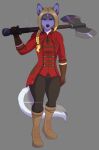  absurd_res anthro axe bitesize_art blonde_hair blue_eyes braided_hair canid canine canis clothing female fur grey_body grey_fur hair hi_res mammal melee_weapon solo uniform weapon white_body white_fur wolf 
