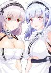  2girls anchor_symbol apron asapon8421 asymmetrical_docking azur_lane black_hairband blush breast_press breasts center_frills cleavage clothing_cutout collar detached_collar dido_(azur_lane) eyebrows_visible_through_hair frilled_shirt frills hair_between_eyes hairband highres large_breasts light_blue_hair looking_at_viewer metal_collar multiple_girls puffy_short_sleeves puffy_sleeves purple_eyes red_eyes shirt short_sleeves simple_background sirius_(azur_lane) underboob underboob_cutout waist_apron white_apron white_background white_hair 