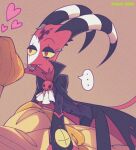  &lt;3 ... anthro avian bird blitzo_(vivzmind) clothed clothing demon duo feathers helluva_boss imp male male/male owl solo solo_focus speach_bubble stolas_(vivzmind) tongue tongue_out vampire_costume 