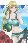  1girl :d absurdres bangs bare_shoulders bikini blonde_hair blue_sky bottle breasts cloud commentary_request cowboy_shot day erune fire_emblem fire_emblem:_three_houses fire_emblem_heroes flower food fruit green_bikini green_eyes green_ribbon green_shorts hair_flower hair_ornament hair_ribbon hand_up hibiscus highres holding holding_bottle holding_food holding_fruit ingrid_brandl_galatea izuminnu long_hair looking_at_viewer medium_breasts navel off-shoulder_bikini off_shoulder open_mouth outdoors partial_commentary red_flower ribbon short_shorts shorts sky smile solo standing stomach swimsuit thighs water watermark 