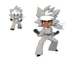  1boy black_gloves blush clenched_hands closed_mouth commentary_request creature_and_personification dark_skin dark_skinned_male fighting_stance frown gen_8_pokemon gloves grey_eyes grey_pants hands_up headband highres jar_pikapika korean_commentary kubfu legendary_pokemon legs_apart long_sleeves male_focus nose_blush pants personification pokemon pokemon_(creature) sash standing white_headband 