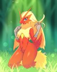  2019 ambiguous_gender avian blaziken blue_eyes crotch_tuft feather_tuft feathers grass hi_res kneeling lemoco looking_at_viewer navel nintendo open_mouth plant pok&eacute;mon pok&eacute;mon_(species) red_body red_feathers smile solo talons thick_thighs tuft video_games yellow_body yellow_feathers yellow_sclera 