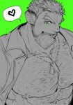  1boy abs bara character_request chest_hair condom condom_in_mouth condom_wrapper dog_tags facial_hair green_eyes green_theme head_tilt heart highres jacket looking_at_viewer male_focus monochrome mouth_hold muscular muscular_male open_clothes open_jacket panther_boy panther_ears pectoral_focus pectorals short_hair solo spoken_heart spot_color stubble thick_eyebrows tokyo_houkago_summoners upper_body zabaniyan 