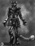  2021 4_fingers anthro biped bulge claws clothed clothing dbruin digital_media_(artwork) digitigrade felid finger_claws fingers front_view fur grey_background greyscale hi_res iris long_tail looking_at_viewer male mammal mask monochrome pantherine pupils rubber short_fur shoulder_pads simple_background snow_leopard solo spots spotted_body spotted_fur spotted_tail standing 