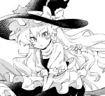  1girl akiyoku bangs black_headwear black_skirt black_vest blush_stickers bow braid broom commentary english_commentary greyscale hair_bow hat hat_bow kirisame_marisa long_hair looking_at_viewer monochrome shirt simple_background single_braid skirt solo touhou turtleneck vest white_background white_shirt witch_hat 