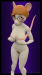  3d_(artwork) anthro blush colored_nails digital_media_(artwork) embarrassed eyewear female freckles fur furry_outpost glasses hair hi_res mammal murid murine nails orange_hair pubes rat red_eyes rodent simple_background solo white_body white_fur 