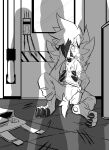  2021 3_toes after_transformation anthro arm_tuft bottomwear canid canine cheek_tuft chest_tuft claw_marks claws clock clothing digitigrade elbow_tufts facial_tuft feet finger_claws floppy_ears greyscale hand_on_face hi_res looking_at_viewer lop_ears lycanroc male mammal midnight_lycanroc monochrome nintendo offscreen_character pants pok&eacute;mon pok&eacute;mon_(species) shadow shirt short_tail silhouette sitting solo toe_claws toes topwear torn_clothing torn_shirt torn_topwear toshabi tuft video_games watch wristwatch 