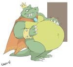  2021 absurd_res anthro belly big_belly canson cape claws clothing crocodilian crown donkey_kong_(series) fangs green_body green_skin hands_on_belly hi_res jewelry king_k._rool kremling male navel nintendo outie_navel overweight plantigrade reptile scalie sharp_teeth simple_background solo teeth video_games yellow_body yellow_skin 