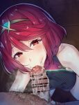  1girl :&gt;= absurdres after_ejaculation bar_censor bare_shoulders bob_cut censored cum cum_in_mouth cumdrip eyebrows_visible_through_hair fellatio highres jewelry licking licking_penis looking_at_viewer looking_up male_pubic_hair nintendo oral penis pubic_hair pyra_(xenoblade) red_eyes red_hair seiza sitting stray_pubic_hair suujiniku swimsuit xenoblade_chronicles_(series) xenoblade_chronicles_2 