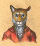  abstract_background blue_eyes clothing colored_pencil_(artwork) cougar felid feline fur headshot_portrait inner_ear_fluff male mammal medieval_clothing portrait red_clothing red_shirt red_topwear scalywanderer shirt solo tan_body tan_fur topwear traditional_media_(artwork) tuft whiskers white_body white_fur 