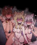  3girls animal_collar animal_ears bikini blonde_hair blue_eyes blush breasts brown_hair cat_ears cat_girl cat_tail character_request choker cleavage collar copyright_request cross ear_piercing gyu_(kgh9081) hair_ornament hairclip highres large_breasts long_hair medium_breasts multiple_girls navel open_mouth piercing pink_hair purple_eyes red_eyes swimsuit tail 
