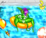  absurd_res clothing female goblin green_body green_skin hair hi_res humanoid peewee pool_toy purple_hair saliant solo spread_legs spreading translucent translucent_clothing yellow_eyes 