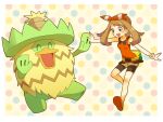  1girl :d bike_shorts blush border bow_hairband breasts brown_hair commentary_request fanny_pack gen_3_pokemon hairband holding_hand long_hair ludicolo may_(pokemon) open_mouth outside_border pokemon pokemon_(creature) pokemon_(game) pokemon_oras polka_dot polka_dot_background popcorn_91 shirt shoes shorts sleeveless sleeveless_shirt smile teeth white_border 