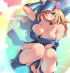  1girl arm_up bangs bare_shoulders blonde_hair blue_dress blue_footwear blush boots breasts capelet cleavage collar collarbone commentary_request d.chikusou dark_magician_girl dress duel_monster gradient gradient_background green_eyes hat large_breasts long_hair looking_at_viewer pentagram shiny shiny_hair shiny_skin short_dress simple_background thighs wizard_hat yu-gi-oh! 