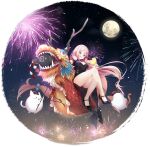  1girl animal_ears azur_lane bangs blue_eyes blush breasts bunny_ears chinese_clothes cleavage_cutout clothing_cutout dragon eastern_dragon eyebrows_visible_through_hair fireworks hair_between_eyes high_heels highres i-25_(azur_lane) i-25_(sweet_wine_of_celebration)_(azur_lane) large_breasts long_hair moon night night_sky official_alternate_costume official_art open_mouth pink_hair senji_(tegone_spike) sky smile star_(sky) starry_sky transparent_background very_long_hair 