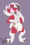  anthro biped clean_diaper diaper diaper_fetish glowing glowing_eyes hi_res hypnosis infantilism jaqrabbit_(artist) leaning lycanroc male mind_control nintendo pok&eacute;mon pok&eacute;mon_(species) simple_background solo textured_background video_games 