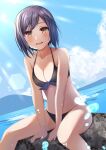  1girl bikini black_bikini black_hair blue_sky breasts brown_eyes cleavage cloud commentary_request day dutch_angle feet_out_of_frame front-tie_top highres horizon lens_flare looking_at_viewer maimaiko medium_breasts nijisanji ocean outdoors rock shizuka_rin short_hair sitting sky smile solo swimsuit virtual_youtuber water 