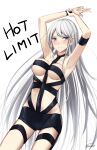  1girl armband armpits arms_up azur_lane blush bondage_outfit embarrassed enterprise_(azur_lane) highres hot_limit long_hair looking_at_viewer purple_eyes revealing_clothes silver_hair simple_background solo t.m.revolution very_long_hair white_background wristband yorugami_rei 
