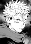  1boy closed_mouth facial_mark frown greyscale highres hood hood_down hoodie itadori_yuuji jacket jujutsu_kaisen looking_at_viewer male_focus monochrome portrait sano_yuuto short_hair solo spiked_hair undercut v-shaped_eyebrows 