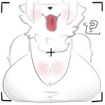  1:1 2021 ? absurd_res anthro big_breasts blush breasts camera_view canid canine chest_tuft cleavage clothed clothing depth_of_field digital_media_(artwork) female fluffy fur hair hi_res huge_breasts kemono kukurikoko mammal open_mouth simple_background solo text tongue tongue_out topwear tuft vest white_background white_body white_fur 