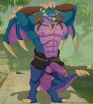  3_toes abs activision anthro arm_wraps artist_name ball_tuft balls belt blue_body blue_eyes bubba_(spyro) claws dragon feet foreskin genitals greeneyedwolfking grin hands_behind_head hi_res horn humanoid_genitalia humanoid_penis male membrane_(anatomy) membranous_wings muscular muscular_anthro muscular_male nipples one_eye_closed partially_retracted_foreskin pecs penis plant pubes purple_balls purple_body purple_penis purple_scales rescued_dragons_(spyro) scales shadow smile solo spyro_reignited_trilogy spyro_the_dragon standing toe_claws toes tree tuft uncut vein veiny_penis video_games wings wraps 