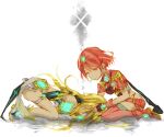  2girls armor bare_shoulders blonde_hair bob_cut bowing chest_jewel covered_navel dress dual_persona earrings elbow_gloves fingerless_gloves gloves jewelry long_hair looking_down multiple_girls mythra_(xenoblade) nintendo poppo_(milkxx) pyra_(xenoblade) red_eyes red_hair seiza short_hair short_shorts shorts simple_background sitting smile thigh_strap thighs white_background xenoblade_chronicles_(series) xenoblade_chronicles_2 yellow_eyes 