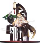  1girl arm_up azur_lane black_legwear blonde_hair blue_eyes bonsai breasts center_opening chair china_dress chinese_clothes cleavage dress fan flight_deck folding_fan gold_trim grin head_tilt high_heels highleg highres holding kaede_(yumesaki_kaede) large_breasts laurel_crown long_hair looking_at_viewer navel official_alternate_costume official_art pelvic_curtain short_sleeves sitting smile solo stomach stool thighhighs thighs transparent_background very_long_hair victorious_(azur_lane) victorious_(guidance_of_the_spring_goddess)_(azur_lane) white_dress white_footwear 