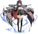  1girl aiguillette azur_lane bangs beret between_breasts black_cloak black_hair black_headwear black_legwear blush bra_through_clothes breasts buttons cannon cape character_name cleavage cloak closed_mouth covered_navel dress eyebrows_visible_through_hair fire full_body glint gloves gradient_hair green_dress green_footwear grin hand_on_hilt hand_up hat heart high_heels highres huge_breasts italian_flag long_hair long_sleeves medal military military_uniform multicolored_hair official_art pola_(azur_lane) purple_hair red_eyes rigging saber_(weapon) sheath sheathed short_dress side_slit sidelocks skindentation sleeve_cuffs smile standing sword tachi-e taut_clothes taut_dress thighhighs transparent_background turret uniform weapon white_gloves yunsang 