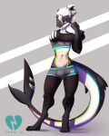  2018 absurd_res anthro athletic athletic_anthro athletic_male biped black_body blue_eyes bodily_fluids bottomwear bulge clothed clothing digital_media_(artwork) ear_piercing exercise eyebrows fish girly hair hi_res hotpants looking_away male marine markings midriff multicolored_markings open_mouth piercing ponytail rainbow_markings shark shorts simple_background solo standing stretching sweat teeth tongue topwear trent_(trilbygrey) tyroo white_body white_hair workout 