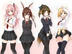  4girls ambriel_(arknights) amiya_(arknights) animal_ears arknights arm_up bangs blazer blonde_hair blue_eyes blush bow breasts brown_eyes brown_hair bunny_ears cellphone clothes_around_waist collared_shirt eyebrows_visible_through_hair feet_out_of_frame food fox_ears fox_tail hair_between_eyes hair_bow hair_ribbon highres jacket kusunoki_(gwzx5574) long_hair long_sleeves looking_at_viewer mouth_hold multiple_girls necktie notebook one_eye_closed one_side_up open_mouth pantyhose pencil perfumer_(arknights) phone pink_hair plaid plaid_skirt pleated_skirt pocky ponytail ribbon school_uniform shirt short_hair skirt sleeves_folded_up smartphone smile sora_(arknights) sweater sweater_around_waist tail thighhighs twintails white_shirt wolf_ears zettai_ryouiki 