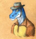  abstract_background blue_body blue_scales clothing coat colored_pencil_(artwork) dinosaur green_eyes hat headgear headshot_portrait headwear hi_res male portrait reptile scales scalie scalywanderer solo theropod topwear traditional_media_(artwork) tyrannosaurid tyrannosaurus tyrannosaurus_rex white_body white_scales 