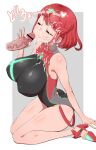  1boy 1girl bare_shoulders bob_cut breasts cum cum_on_body cum_on_breasts cum_on_hair earrings facial handjob hetero high_heels highres jewelry large_breasts licking_lips looking_up penis pyra_(xenoblade) red_eyes red_hair seiza sitting smile solo_focus swimsuit tongue tongue_out torathi xenoblade_chronicles_(series) xenoblade_chronicles_2 