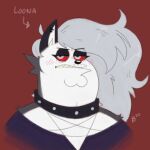  alternate_species anthro blush butt_chin canid canid_demon canine clenched_teeth clothing collar cursed_image demon ear_piercing english_text eye_bags family_guy fur furrification grey_body grey_fur grey_hair grumpy hair half-closed_eyes harness hellhound helluva_boss looking_at_viewer loona_(vivzmind) mammal meme monster narrowed_eyes pentagram pentagram_harness peter_griffin piercing purple_clothing purple_shirt purple_topwear red_eyes sharp_teeth shirt signature solo spiked_collar spikes teeth text topwear unknown_artist 