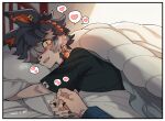  &lt;3 aak anthro arknights bed black_hair black_nose blush clothed clothing doctor_(arknights) duo felid fingers fur furniture futashi hair hair_over_eye hand_holding happy male male/male mammal multicolored_body multicolored_fur on_bed one_eye_obstructed open_mouth orange_body orange_fur pillow short_hair under_covers video_games white_body white_fur yellow_sclera 